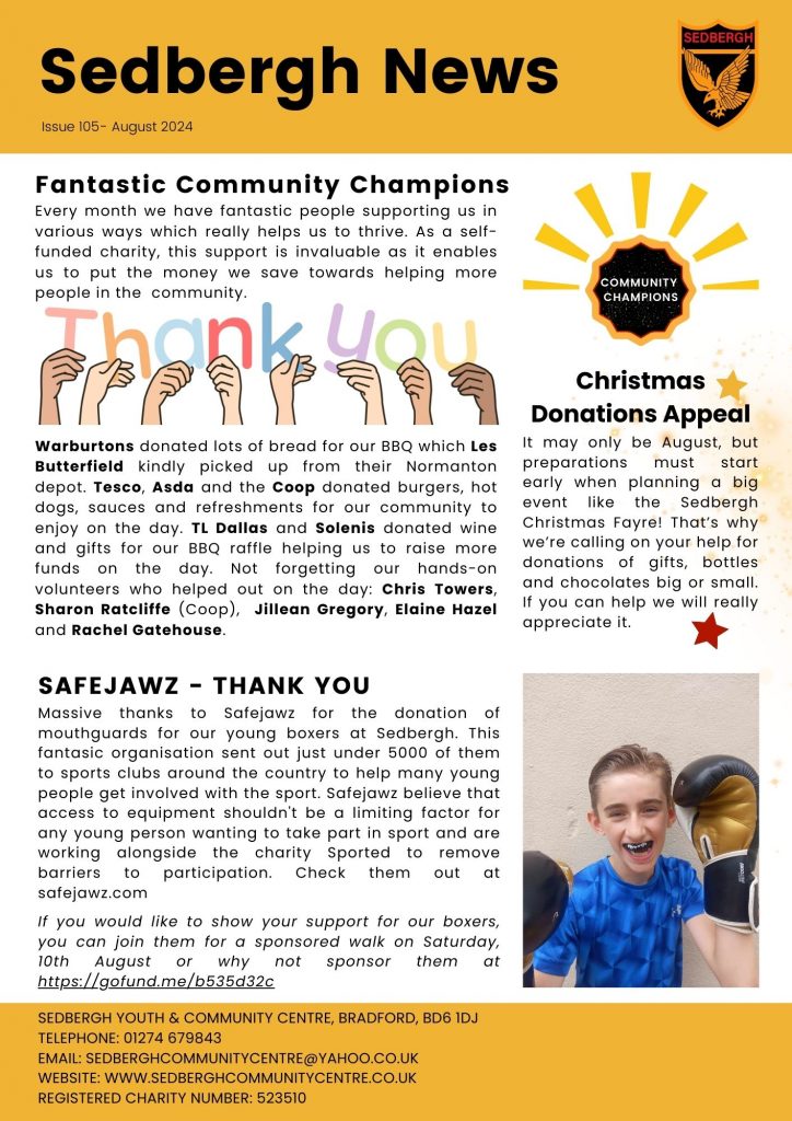 August news thanking our community champions and appealing for Christmas donations of gifts, chocolates and alcohol