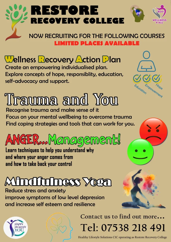 Restore Recovery College offers a 6-week Anger Management Course at Sedbergh Youth & Community Centre from 22 April 10-12. Call 07538 218 491 to book.